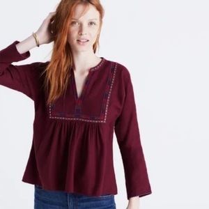Madewell Womens Embroidered Peasant Babydoll Style Bib Blouse XS Maroon Boho Y2K
